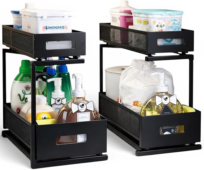 Under Sink Organizer Set of 2, Heavy Duty Matte Black Metal Cabinet Organizer with Retractable Shelves, Adjustable Height, Expandable Storage for Kitchen Bathroom and Laundry Room