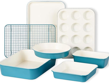 CAROTE 7-Piece Ceramic Baking Pans Set, Aluminized Steel Bakeware Sets, Toxin-Free Nonstick Stackable Oven Pans with Cookie Sheet, Muffin Pan, Loaf Pan, Roasting Pan, Cake Pans, Cooling Rack