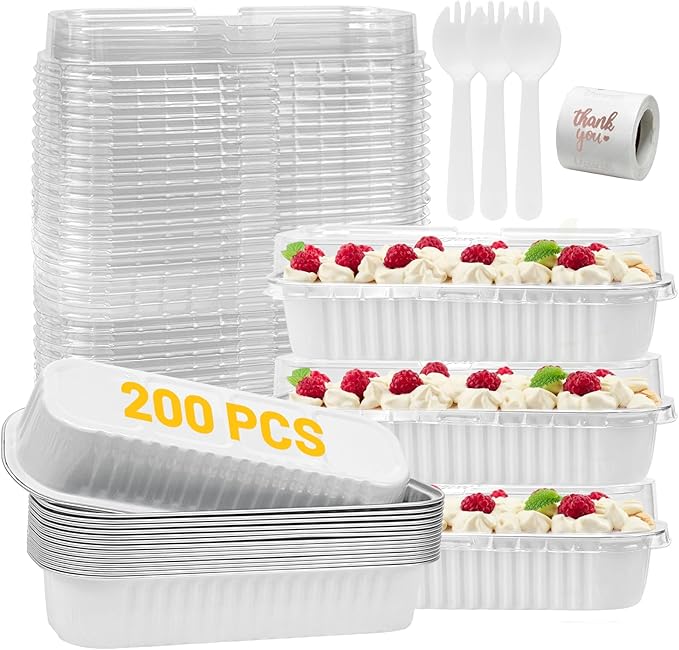 200Pack White Mini Cake Pans Disposable Mini Loaf Pans with Lids and Spoons and Stickers, 6.8Oz Aluminum Foil Pans Tins, Individual Dessert Cups Containers for Sales,Party,Picnics