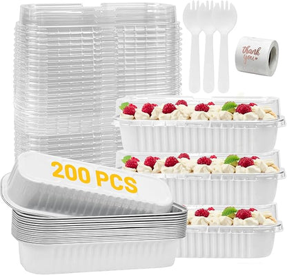 200Pack White Mini Cake Pans Disposable Mini Loaf Pans with Lids and Spoons and Stickers, 6.8Oz Aluminum Foil Pans Tins, Individual Dessert Cups Containers for Sales,Party,Picnics