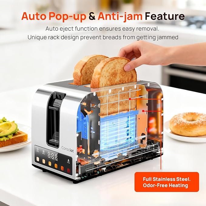 Toaster 2 Slice, Consciot Smart Touch Screen Toasters with 6 Browning Levels, Timer, Reheat/Defrost/Cancel, Extra-Wide Slots, Removable Crumb Tray, Auto Pop-up & Anti Jam, Peak 925W, Stainless Steel