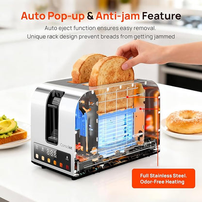 Toaster 2 Slice, Consciot Smart Touch Screen Toasters with 6 Browning Levels, Timer, Reheat/Defrost/Cancel, Extra-Wide Slots, Removable Crumb Tray, Auto Pop-up & Anti Jam, Peak 925W, Stainless Steel