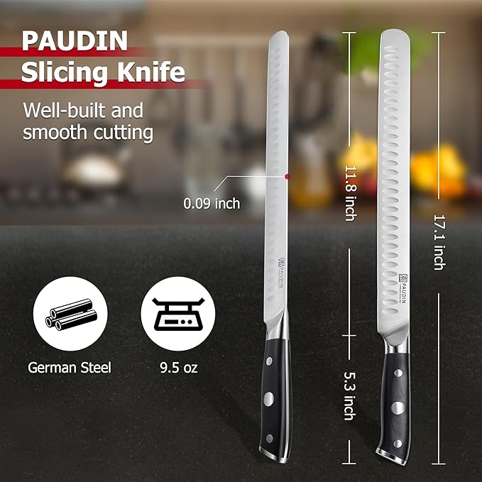 PAUDIN Brisket Knife, 12 Inch Dishwasher Safe Carving Slicing Knife for Meat, Razor Sharp German 1.4116 Steel Smoked Meat Cutter with Non-Slip Ergonomic G10 Handle & Gift Box, Perfect Gifts for Men