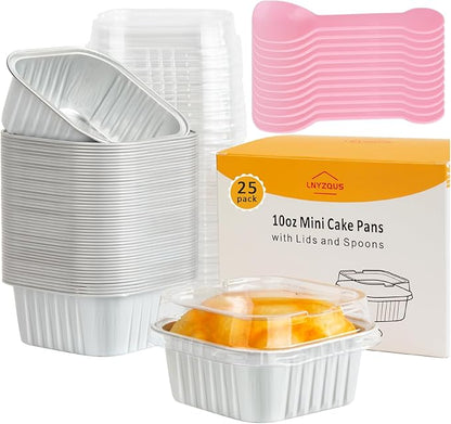 LNYZQUS 4” Mini Cake Pans with Lids 25 Pack,10oz Small Foil Baking Tins Individual Muffin Cups for Bread Brownies, Disposable Square Cupcake Containers for Wedding Holiday Bake Sale-White