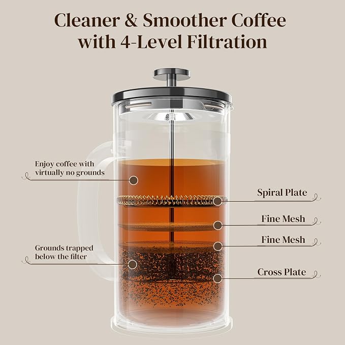 Veken French Press Coffee Maker 34oz, No Plastic Touching Cafe,Thickened Glass Stainless Steel Brewer, Cold Brew Cafetera Tea pot for Kitchen Travel Camping, Gifts, Decor, Bar Accessories, Dark Pewter