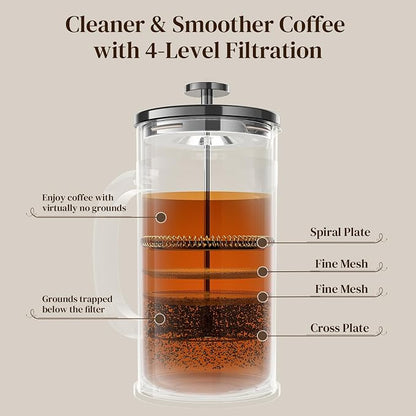 Veken French Press Coffee Maker 34oz, No Plastic Touching Cafe,Thickened Glass Stainless Steel Brewer, Cold Brew Cafetera Tea pot for Kitchen Travel Camping, Gifts, Decor, Bar Accessories, Dark Pewter