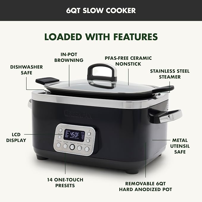 GreenPan Elite 14-in-1 Nonstick 6QT Electric Slow Cooker, PFAS-Free Ceramic Multi-Cooker, In-Pot Browning, Dishwasher Safe Lid & Removable Crock, Stainless Steel Steamer, Silicone Handles, Black