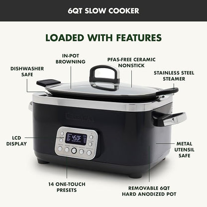 GreenPan Elite 14-in-1 Nonstick 6QT Electric Slow Cooker, PFAS-Free Ceramic Multi-Cooker, In-Pot Browning, Dishwasher Safe Lid & Removable Crock, Stainless Steel Steamer, Silicone Handles, Black