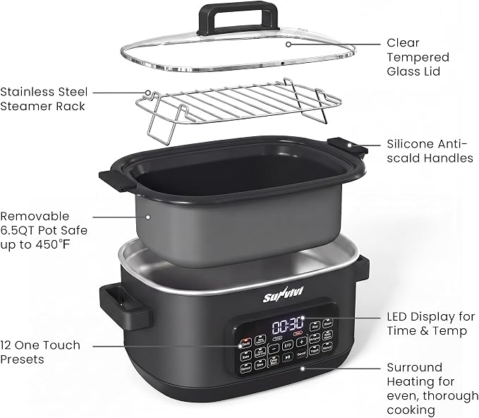Sunvivi 12-in-1 Multi Cooker, 6.5QT Programmable Slow Cooker with Timer & Temp Control, Auto Warm Setting, Delay Start, Dishwasher Safe Lid & Removable Nonstick Crock, Stainless Steel Rack, Black