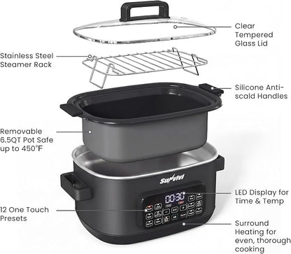 Sunvivi 12-in-1 Multi Cooker, 6.5QT Programmable Slow Cooker with Timer & Temp Control, Auto Warm Setting, Delay Start, Dishwasher Safe Lid & Removable Nonstick Crock, Stainless Steel Rack, Black