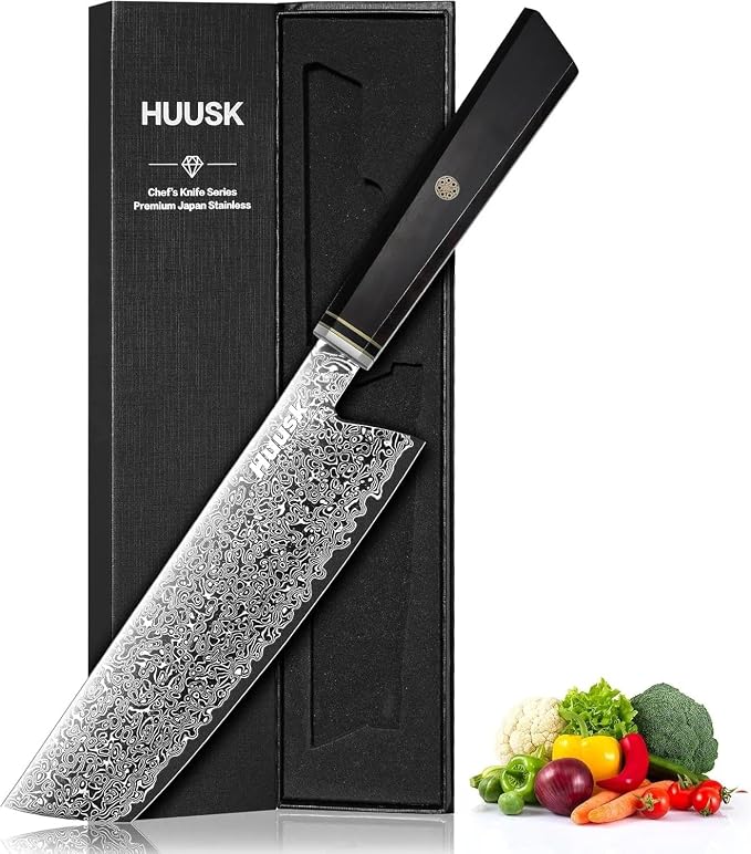 Huusk Damascus Nakiri Knife 7 Inch, Japanese Chopping Chef Knives, Sharp Cleaver and Vegetable Knife with Ergonomic Wood Handle, Damascus VG-10 Kitchen Knives, Birthday Christmas Gifts for Men Women