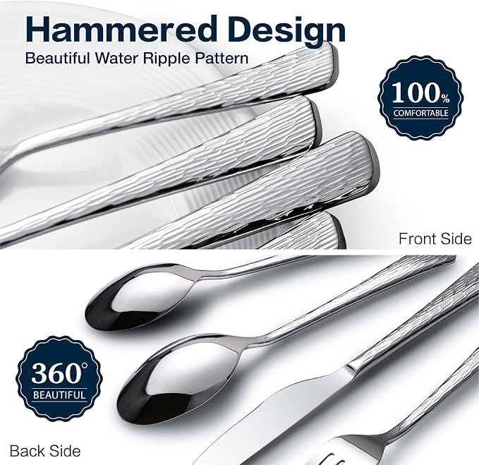 KINGSTONE Hammered Silverware Set, 40-Piece Flatware Set, 18/10 Stainless Steel Premium Cutlery with Unique Ripple Handles Design Mirror Polished - Dishwasher Safe