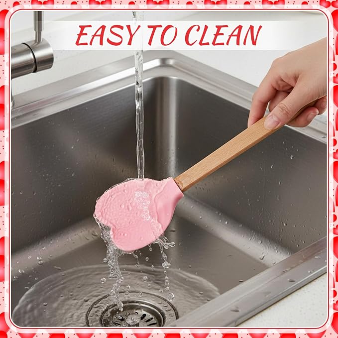 Chengu 3 Pcs Heart Shaped Silicone Spoon with Wooden Handle Valentine Day Kitchen Utensil Gift Set Red Pink Hot Heart Spatula Non-stick Cooking Tools for Mixing Stirring and Baking