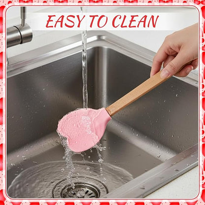 Chengu 3 Pcs Heart Shaped Silicone Spoon with Wooden Handle Valentine Day Kitchen Utensil Gift Set Red Pink Hot Heart Spatula Non-stick Cooking Tools for Mixing Stirring and Baking