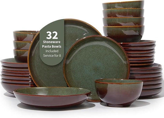 Pokini 32 Piece Double Bowl Dinnerware Sets with Pasta Bowls, Highly Chip and Crack Resistant Plates and Bowls Sets, Natural Earthyware Ceramic Dishware Sets, Service for 8 Brown Green