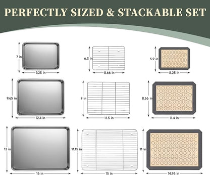 Stainless Steel Baking Sheet Tray Cooling Rack with Silicone Baking Mat Set, 9/12/16 Inch Cookie Sheet Baking Pan with Wire Rack Set, Set of 9 (3 Sheets + 3 Racks + 3 Mats), Heavy Duty & Rust Proof