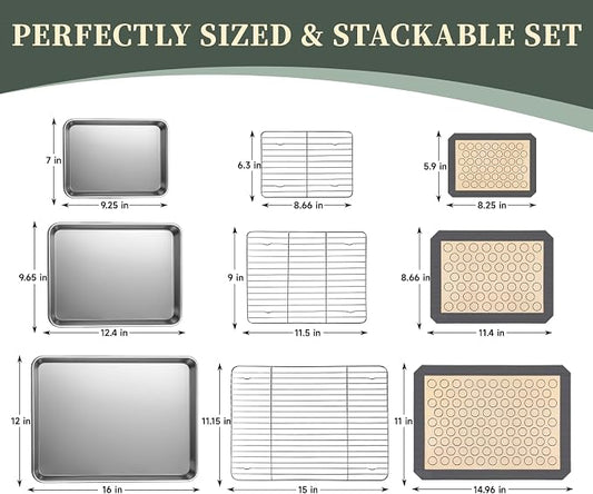 Stainless Steel Baking Sheet Tray Cooling Rack with Silicone Baking Mat Set, 9/12/16 Inch Cookie Sheet Baking Pan with Wire Rack Set, Set of 9 (3 Sheets + 3 Racks + 3 Mats), Heavy Duty & Rust Proof
