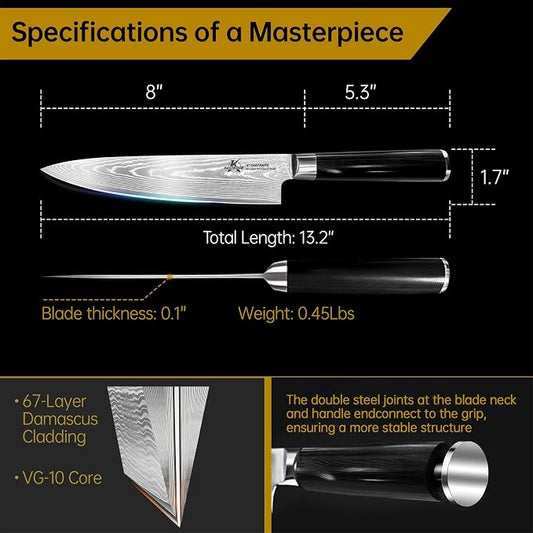 8 Inch Chef Knife VG10 Damascus - Ultra Sharp G10 Handle | Ultra sharp VG10 chef knife, Damascus non-stick blade, military-grade G10 grip, rust resistant, perfect for meal prep