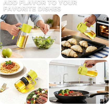 PLAPITATE 17oz/500ml Premium Olive Oil Sprayer for Cooking, 2 in 1 Glass Olive Oil Dispenser Bottle for Kitchen Gadgets, Spray Bottle with Portion Control for Salad, Frying, BBQ (Lime Yellow)