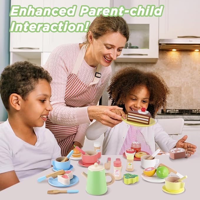 GAGAKU Wood Tea Set and Wooden Play Dishes 2 in 1 Play Food Set Toy 28 PCS Montessori Play Kitchen Accessories Kitchen for Toddlers Cooking Playset for 3-8 Years Girls and Boys