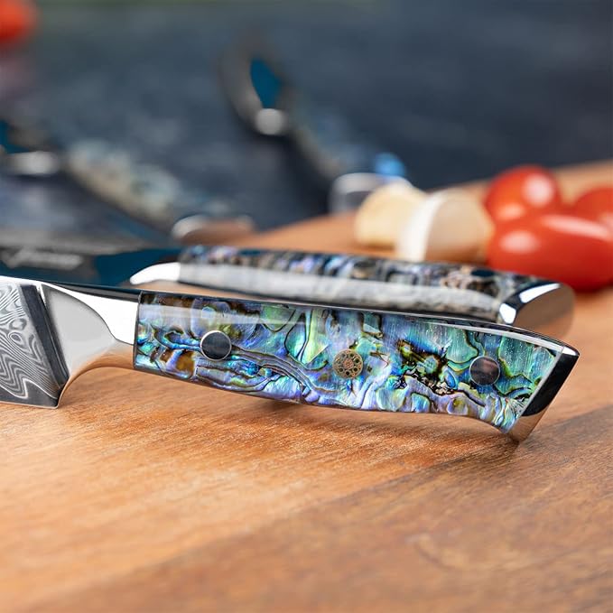 SENKEN Damascus Steel 8" Chef Knife with Real Deep-Sea Abalone Shell Handle - Umi Collection - 67-Layer Japanese VG10 Forged Steel Blade, Integrated Full-Tang Molding, Angled Bolster (8" Chef Knife)