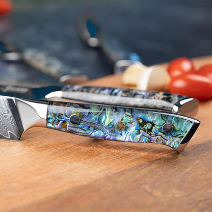 SENKEN Damascus Steel 8" Chef Knife with Real Deep-Sea Abalone Shell Handle - Umi Collection - 67-Layer Japanese VG10 Forged Steel Blade, Integrated Full-Tang Molding, Angled Bolster (8" Chef Knife)