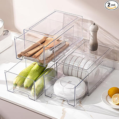 Clear Acrylic Stackable Storage Drawers, Plastic Refrigerator Organizer Bins with Handles for Undersink, Cabinet, Fridge, Closet, Pantry, Office, Bathroom, Kitchen(2 Pack)