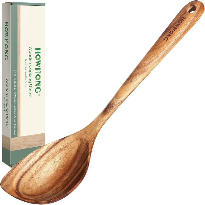 HOWHONG Corner Spoon Wooden Cooking Utensil, Long Handle Acacia Wood Spoon for Cooking, Large Head for Pan Edges, Smooth Finish, Nonstick Cookware Safe, Bare Wood Feel for Daily Kitchen Use