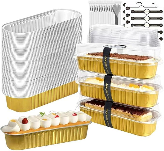 100 Pack Mini Cake Pans with Lids and Spoons, Mini Loaf Baking Pans 6.8oz, Small Disposable Aluminum Foil Loaf Pans, Rectangular Baking Containers for Party and Picnics, Cheesecake Pans (Gold)