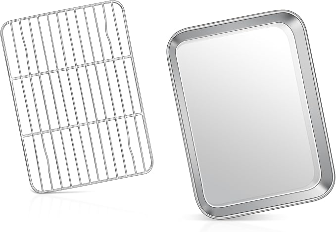9 Inch Baking Sheet Pan with Rack Set, Joyfair Stainless Steel Toaster Oven Pans Tray & Cooling Racks for Cookie/Jelly Roll/Bacon/Meat, Commercial Metal & Rust-free, Dishwasher Safe