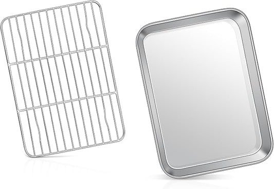 9 Inch Baking Sheet Pan with Rack Set, Joyfair Stainless Steel Toaster Oven Pans Tray & Cooling Racks for Cookie/Jelly Roll/Bacon/Meat, Commercial Metal & Rust-free, Dishwasher Safe
