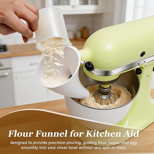 White Flour Funnel for Kitchen Aid Mixer, Stand Mixer Accessories for 5 Qt Tilt-Head Models, Compatible with KitchenAid Artisan KSM150, Easy Pour Attachment, Dishwasher Safe Baking Tool