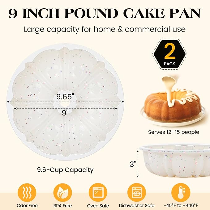 Vinino 9.6" Silicone Fluted Tube Cake Pans with Metal Reinforced Frame, 2 Packs Pound Cake Pan Mold, BPA Free Silicone Cake Pans for Bread, Jello, Gelatin, Flan