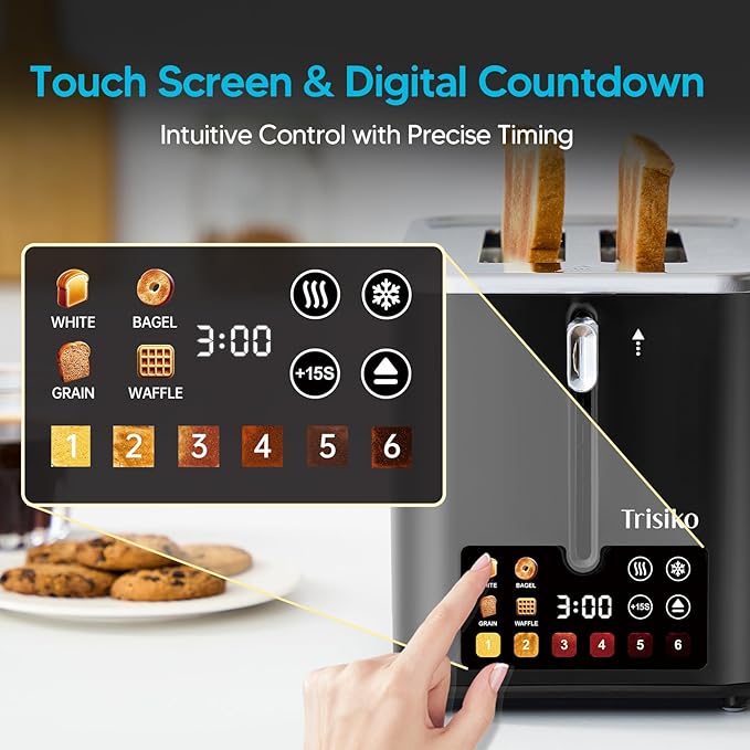 Touch Screen Electric Toaster 2 Slice, Stainless Steel Smart Toaster with Digital Timer, 1.38" Extra-Wide Slots for Bread& Bagel, Great for Home, Office,Dorm (Black)