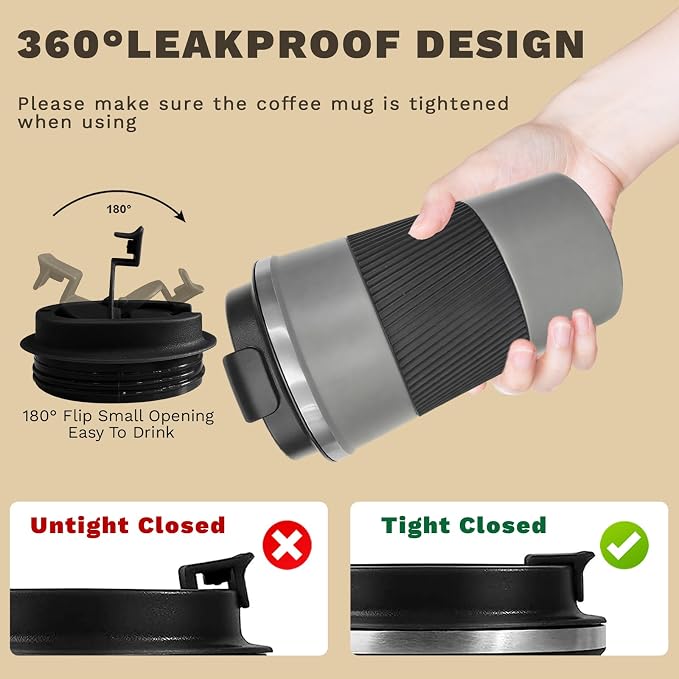 SPLMIFA Vacuum-Insulated Stainless Steel Travel Coffee Mug, Leak-Proof Reusable Coffee Cup with Lid-Keeps Drinks Hot & Cold for Hours, Durable Double Wall Tumbler for Men & Women (3rd-Grey, 17OZ)