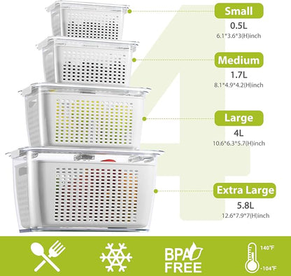 LUXEAR 4 Pack Fruit Vegetable Containers for Fridge, Produce Saver Container with Lids &Removable Colander BPA-free Refrigerator Storage Organizer for Fruit Vegetable, Berry, Meat keep Fresh Longer