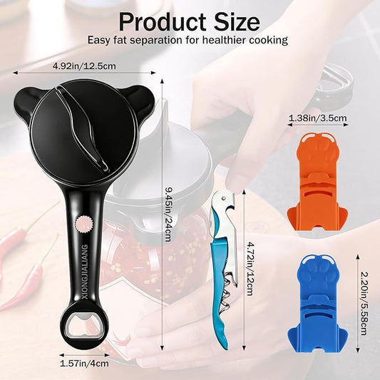 Adjustable Jar Opener for Weak Hands, 4-in-1 Multi-Function Manual Bottle Opener and Corkscrew Set for Seniors with Arthritis, Universal Lid Gripper Kitchen Gadget for All Jar Sizes (Black)