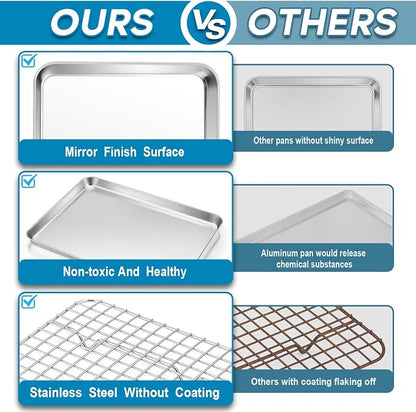 TeamFar Baking Tray with Rack, 12.3 x 9.7 x 1 Inch Stainless Steel Toaster Oven Baking Pan with Grid Rack for Baking Roasting Cooling, Healthy & Heavy-Duty, Oven & Dishwasher Safe, 2pcs