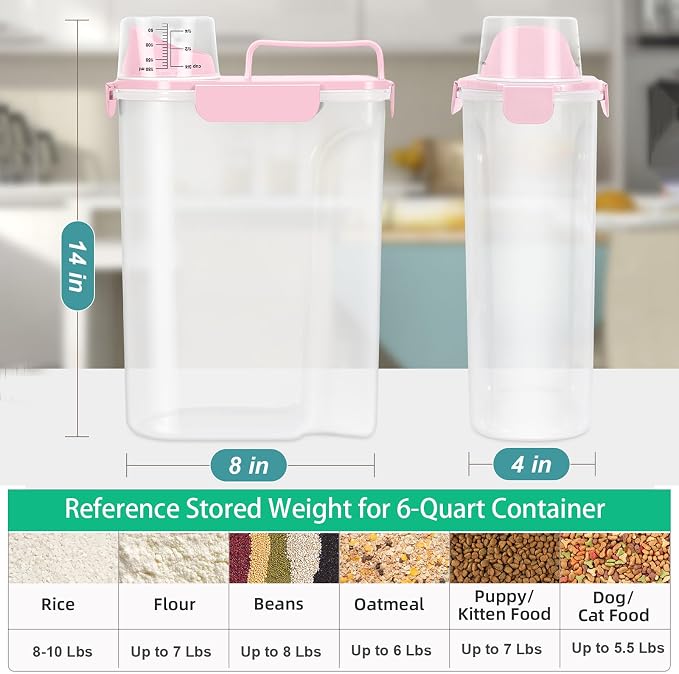 TBMax Airtight Rice Container 10 Lbs, Cereal Dispenser, Pet Cat Dog Food Storage Container, Plastic Kitchen Pantry Food Storage Holder with Cup -Pink