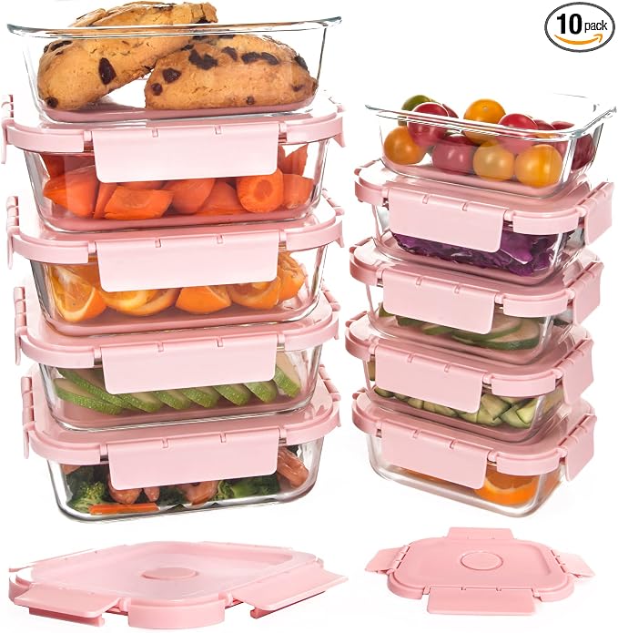 Glass Meal Prep Containers 10 Pack, Food Storage Containers with Snap Locking Lids Airtight Built in Air Vents, Glass Containers for Lunch, Microwave/Dishwasher Safe, Pink