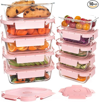 Glass Meal Prep Containers 10 Pack, Food Storage Containers with Snap Locking Lids Airtight Built in Air Vents, Glass Containers for Lunch, Microwave/Dishwasher Safe, Pink