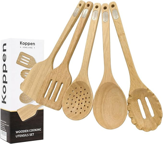 Koppen Rubber Wood Kitchen Utensils Set, Durable Wooden Cooking Spoon and Spatula Ladle for Nonstick Cookware, Non Toxic, Heat Resistant, Smooth Grip, Modern Elegant Design for Everyday (5 Piece Set)