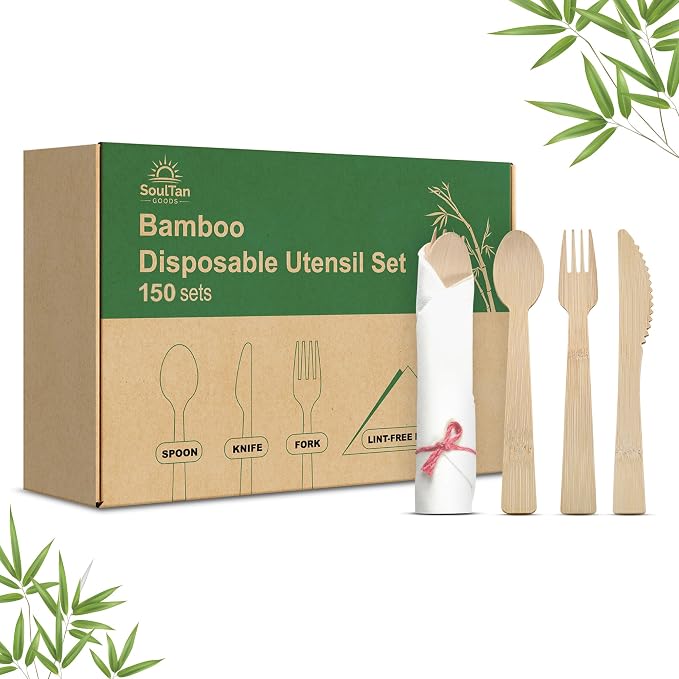 Prerolled Disposable Bamboo Cutlery Set – 150 Pack Pre Wrapped Silverware and Napkin Bundle with Forks, Knives, Spoons for Parties, Weddings, Events, and BBQ (Pink String)