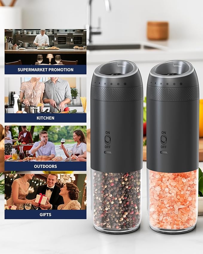 CIRCLE JOY Rechargeable Electric Salt and Pepper Grinder Set with Base, Automatic Pepper Mills with 110ml Container, External Adjustable Coarseness, White Led Light and One-Handed Operation, Black