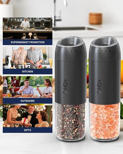 CIRCLE JOY Rechargeable Electric Salt and Pepper Grinder Set with Base, Automatic Pepper Mills with 110ml Container, External Adjustable Coarseness, White Led Light and One-Handed Operation, Black
