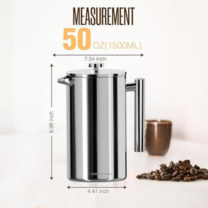 Utopia Kitchen 304 Grade Stainless Steel French Press Coffee Maker 50 Oz, Double Wall Insulated Coffee Press with 4-Level Filtration system, Include 2 Extra Filters, Rust-Free, Dishwasher Safe, Silver