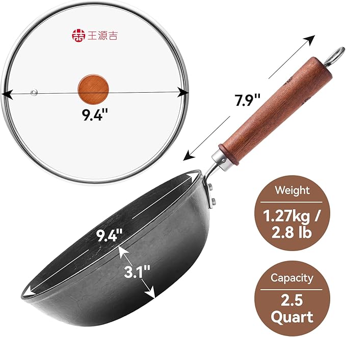 WANGYUANJI 9.5 Inch Small Cast Iron Wok with Lid - Handcrafted Tortoise Shell Texture Uncoated Stir Fry Pan, Flat Bottom Wok for Electric, Induction & Gas Stoves, 2.5 Quart (Requires Seasoning)