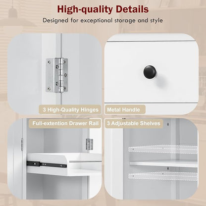 74.8''H High Freestanding Kitchen Pantry, Wooden Kitchen Organizers Cupboard Storage Cabinet with Door Shelves, Adjustable Shelves, Pull-out Trays and Drawers for Dining Room Living Room (White-2.12)