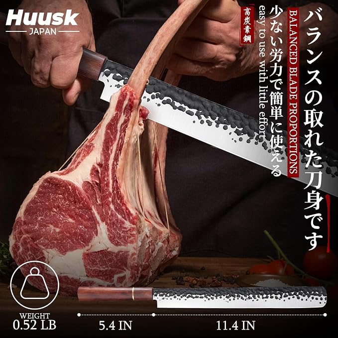 Huusk Japanese Brisket Carving Knife - 11" Slicing Knife for Meat Cutting Made by High Carbon Steel, Hand Forged Ultra Sharp Brisket Slicer with Wood Handle for BBQ Grilling Roast, Gift Idea for Men