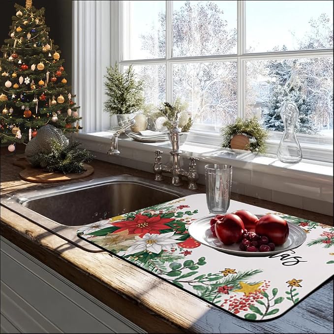 Baccessor Poinsettia Christmas Dish Drying Mat with 4PCS Coasters,2PCS Kitchen Bar Mat Coffee Mat Accessories Fits Under Coffee Maker and Pot,Holly Winter Farmhouse Bar Mat Detachable